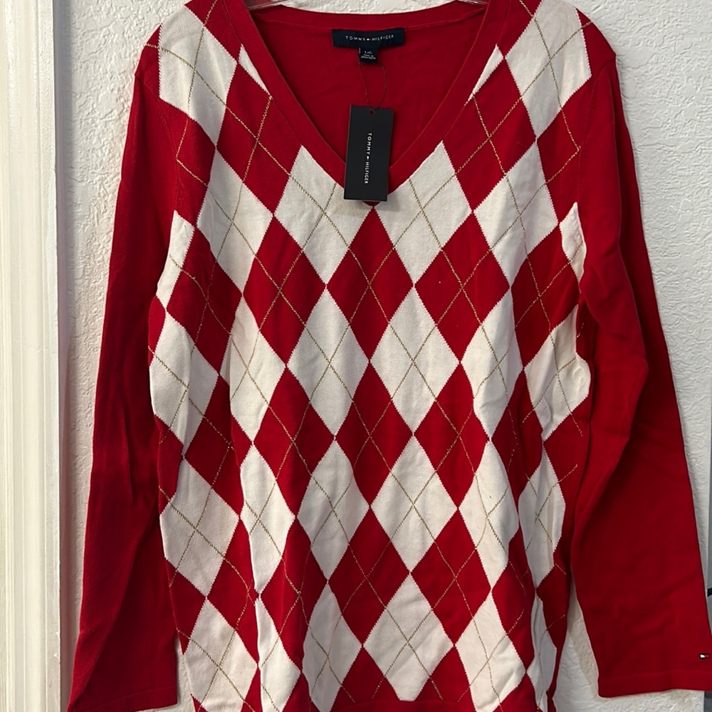 Tommy Hilfiger Sweaters |Red & white Argyle Patterned Sweater size L